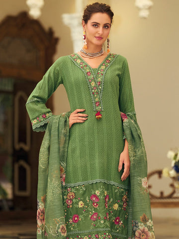 Varanga Women Floral Motif Thread Embroidered & Orangza Lace Detailed Kurta With Trouser & Dupatta